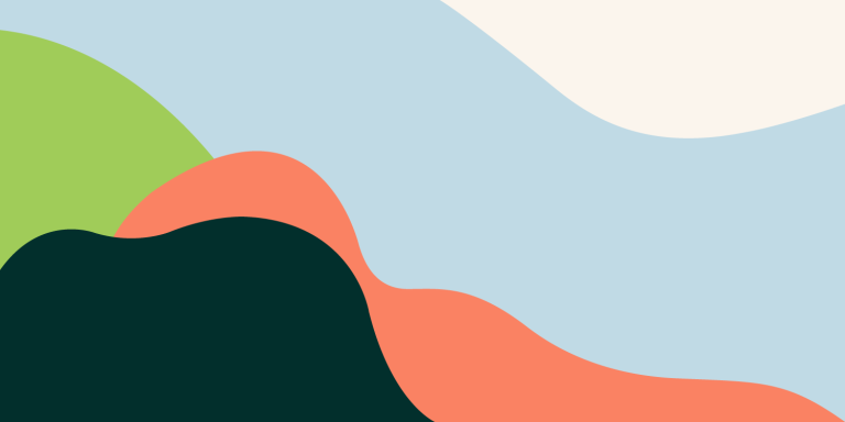 Abstract landscape with overlapping curved shapes in dark green, lime green, coral orange, peach, and cream on a light blue background.